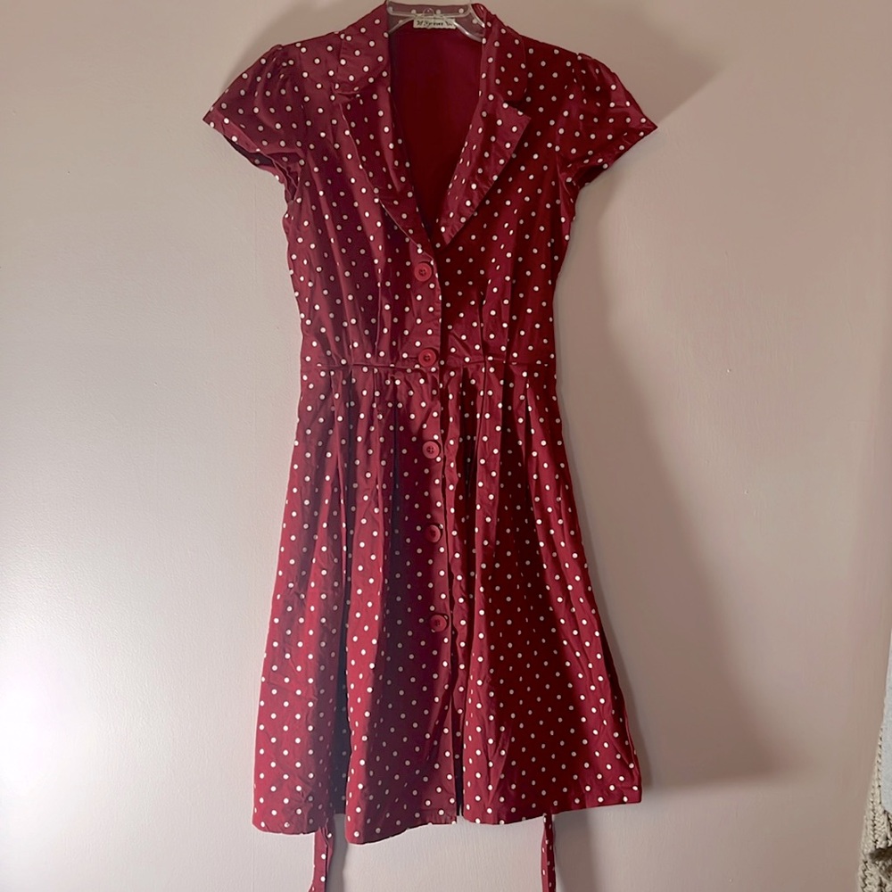 Forever 21 red dress white polkadots button front tie waist. Shirt dress